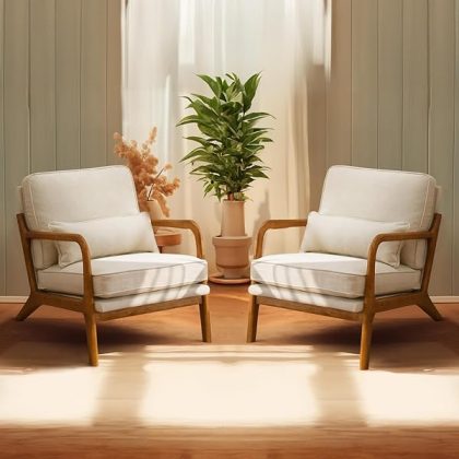 Fine Beige Accent Chairs Set of 2, Upholstered Mid Century Modern Lounge Fabric Chairs Reading Chairs Side Sitting Chair Solid Wood Farmhouse Armchairs for Living Room, Bedroom, Guest Room