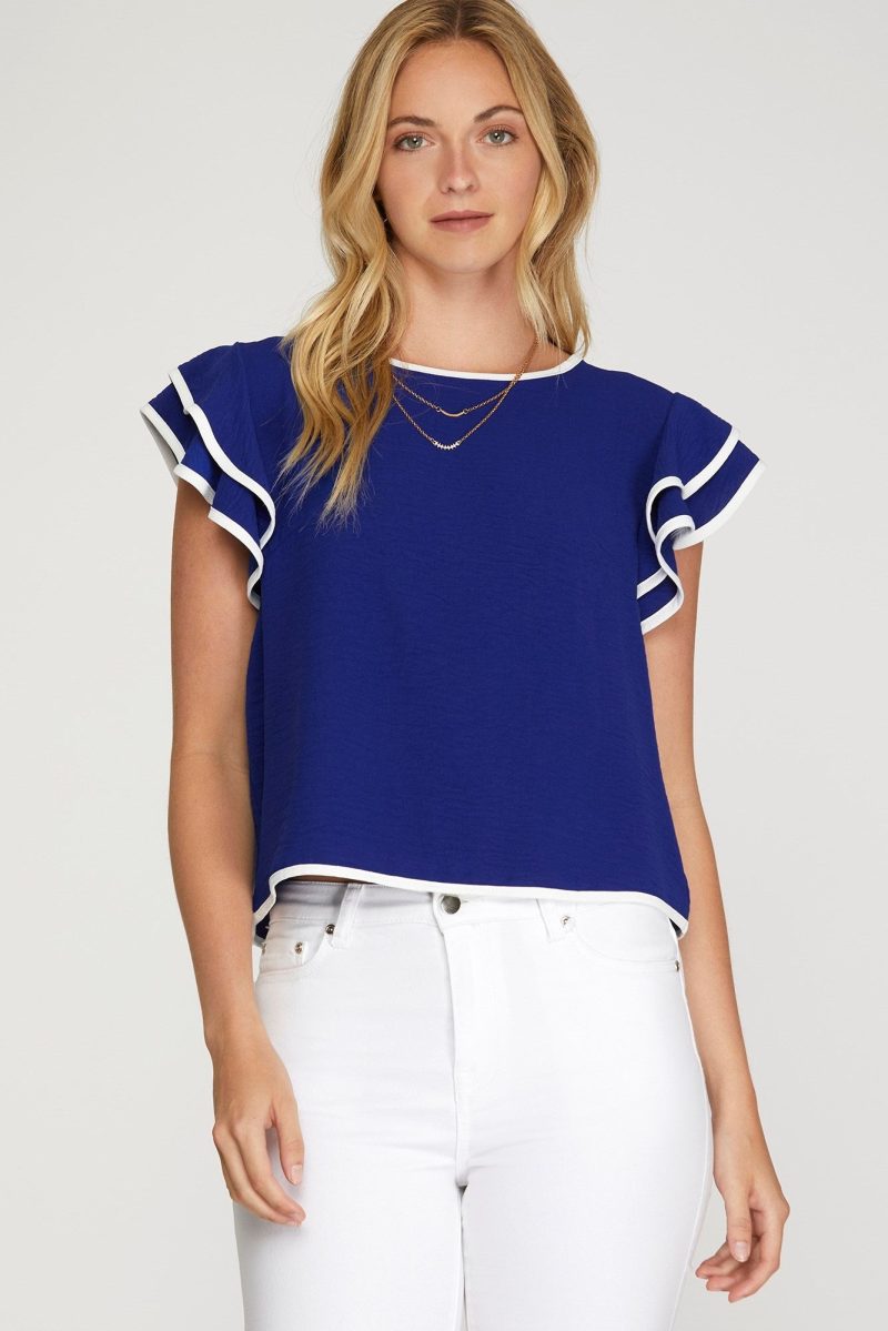 Ruffle Sleeve Contrast Piping Top - Image 6