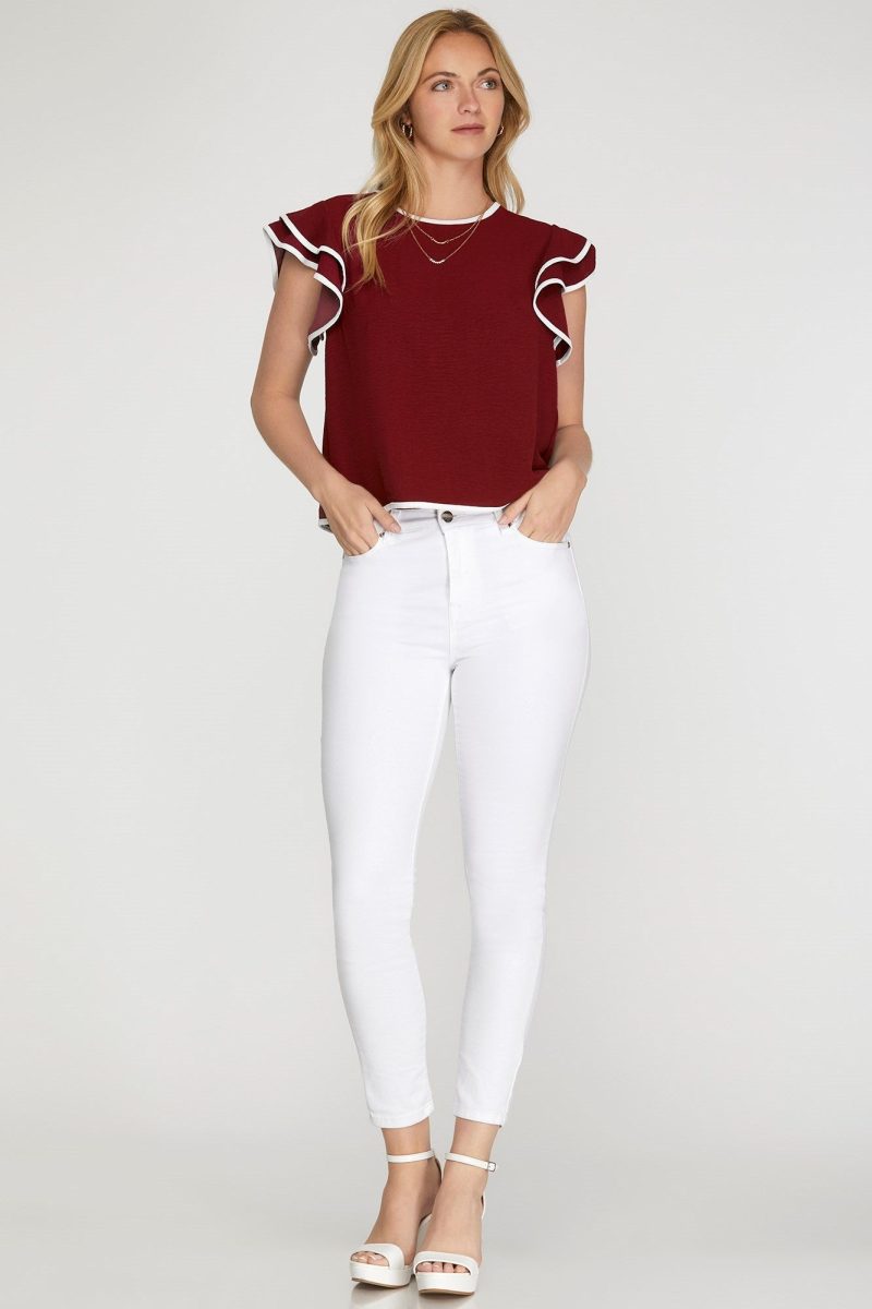 Ruffle Sleeve Contrast Piping Top - Image 7