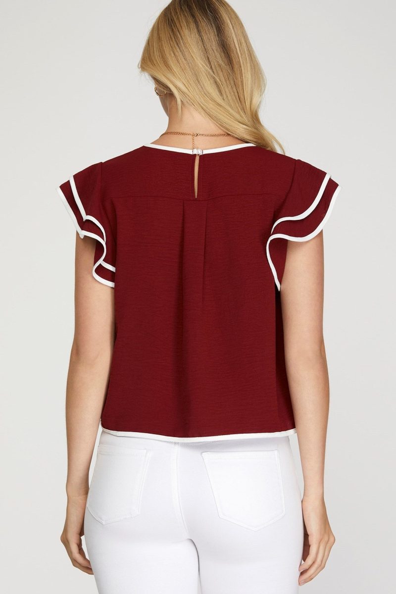 Ruffle Sleeve Contrast Piping Top - Image 11