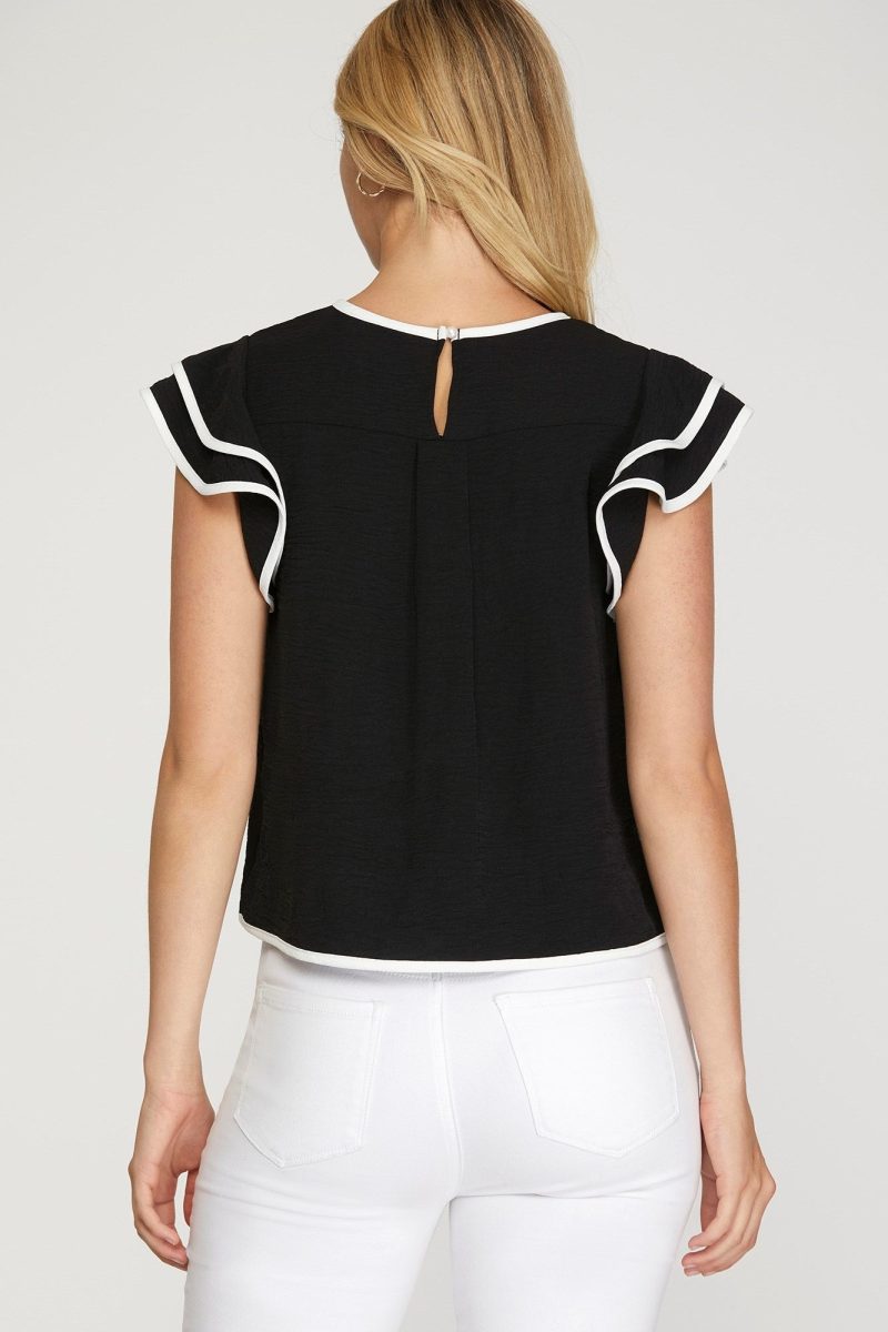 Ruffle Sleeve Contrast Piping Top - Image 2