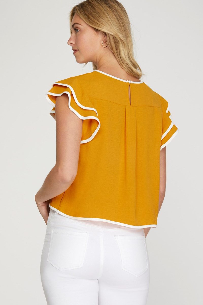Ruffle Sleeve Contrast Piping Top - Image 4