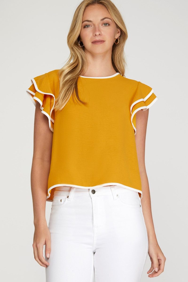 Ruffle Sleeve Contrast Piping Top - Image 3