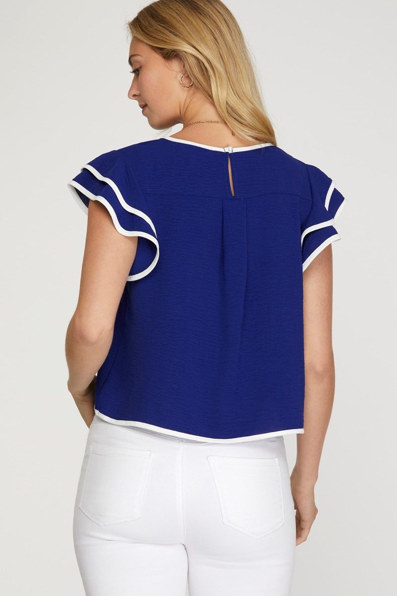 Ruffle Sleeve Contrast Piping Top - Image 5