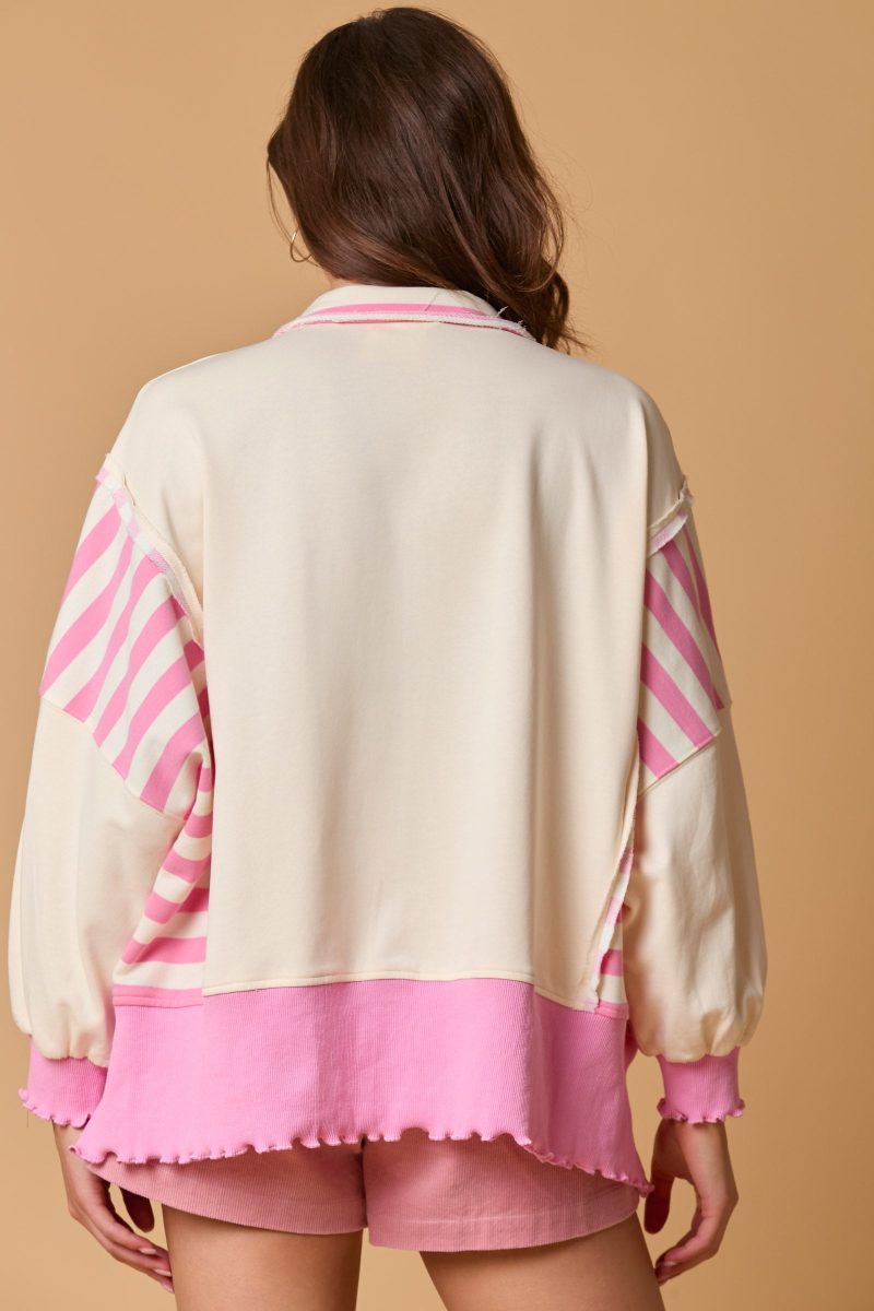 French Terry Stripe Mixed Loose Fit Rugby Top - Image 4