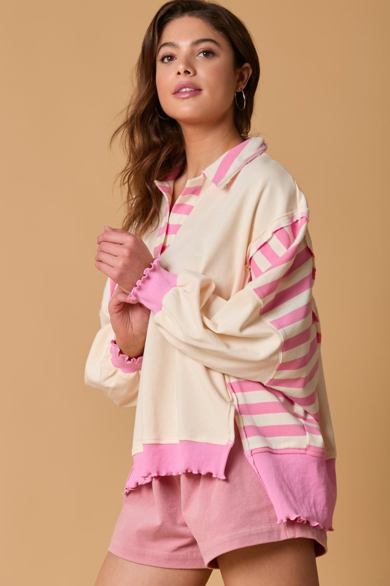 French Terry Stripe Mixed Loose Fit Rugby Top - Image 3